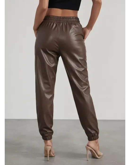 Kadın Yüksek Bel Lastikli önü Düğmeli Deri Pantolon