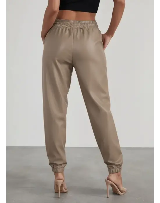 Kadın Yüksek Bel Lastikli önü Düğmeli Deri Pantolon