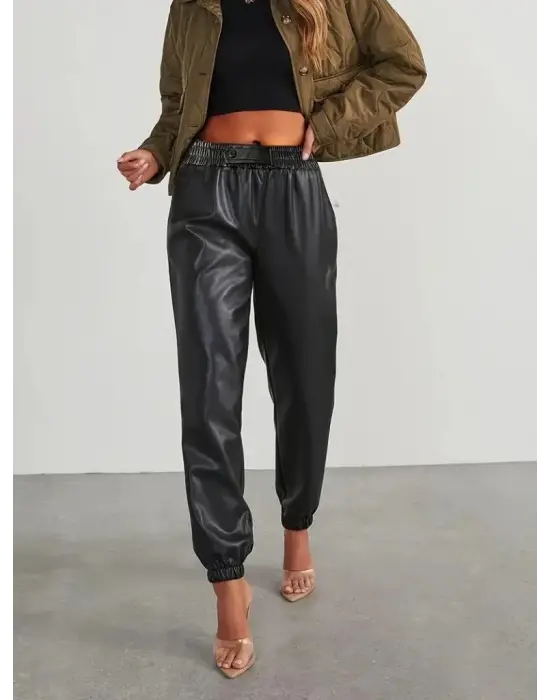 Kadın Yüksek Bel Lastikli önü Düğmeli Deri Pantolon