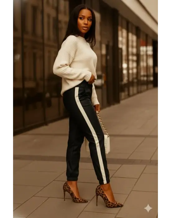 Kadın Yüksek Bel Lastikli Yan şerit Detaylı Deri Pantolon