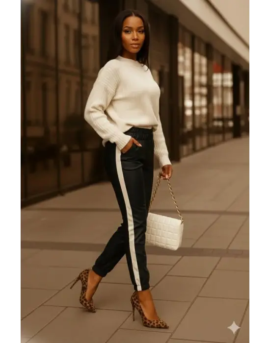 Kadın Yüksek Bel Lastikli Yan şerit Detaylı Deri Pantolon