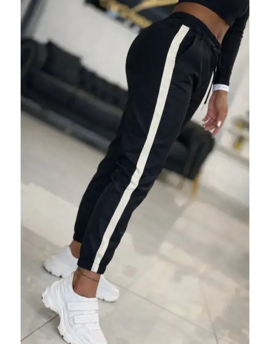 Kadın Yüksek Bel Lastikli Yan şerit Detaylı Deri Pantolon