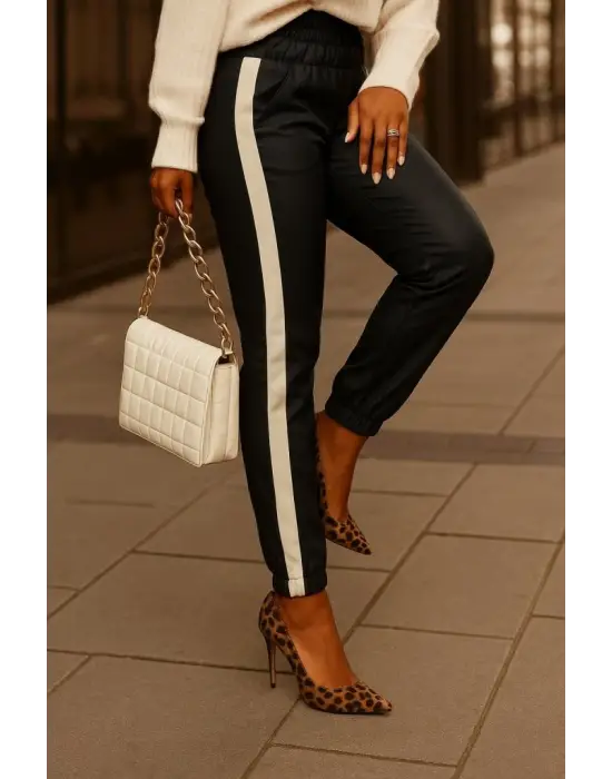 Kadın Yüksek Bel Lastikli Yan şerit Detaylı Deri Pantolon