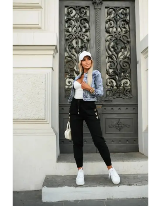 Kadın Yüksek Bel Lastikli Yanlardan Düğmeli Viskon Iki Iplik Pantolon