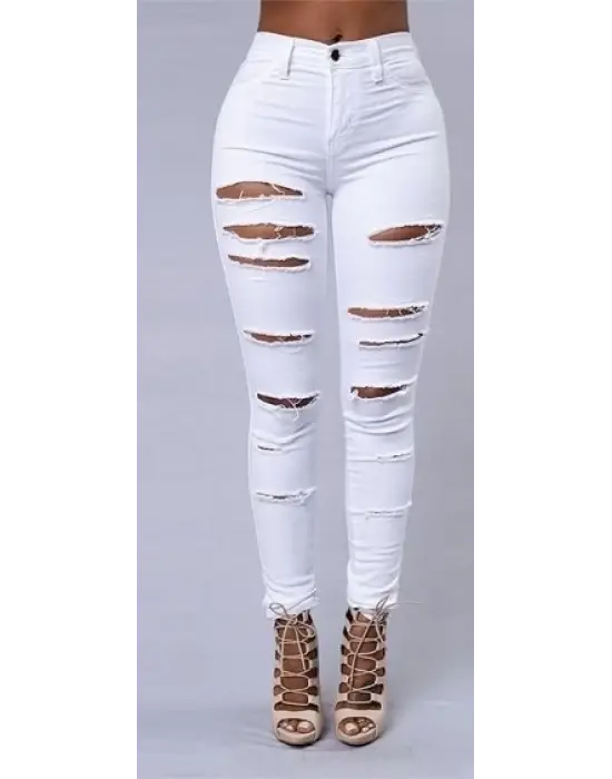 Omarı Yüksek Bel Lazer Desenli Kot Pantolon