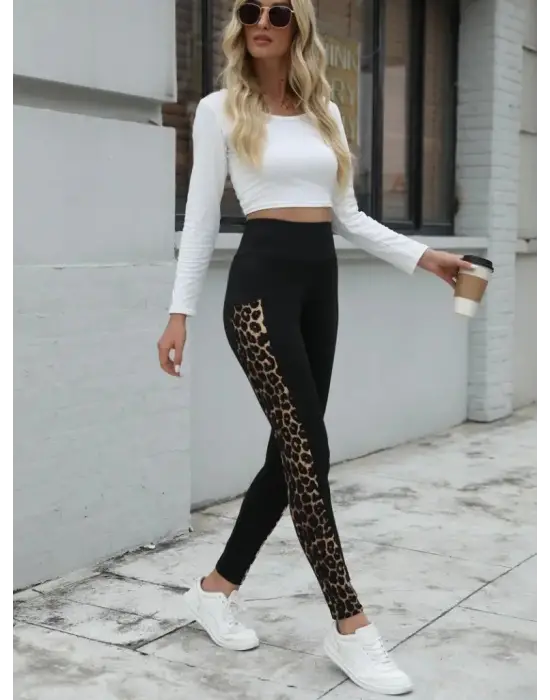 Yüksek Bel Leopar Desen Dalgıç Tayt Kadın Giyim