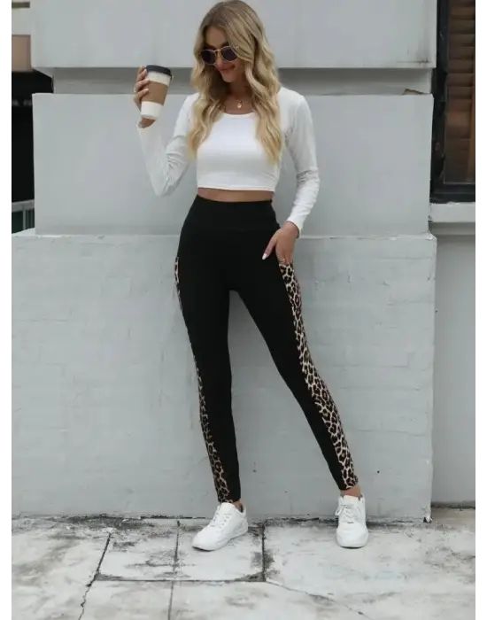 Yüksek Bel Leopar Desen Dalgıç Tayt Kadın Giyim