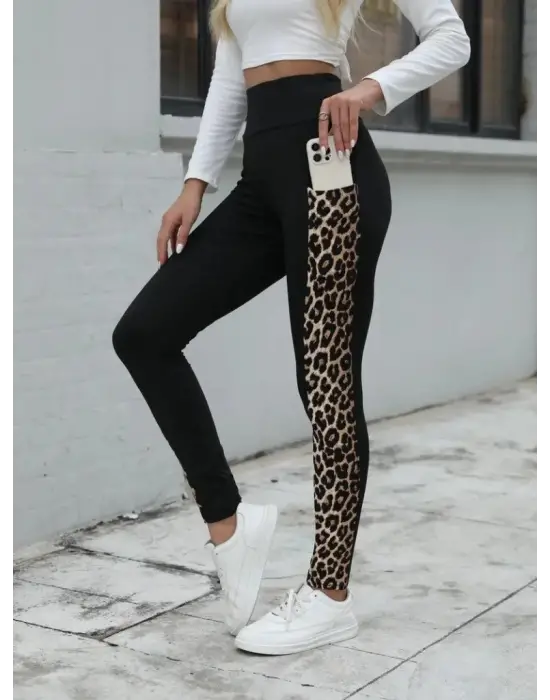 Kadın Yüksek Bel Leopar Desen Ve Cep Detaylı Dalgıç Tayt