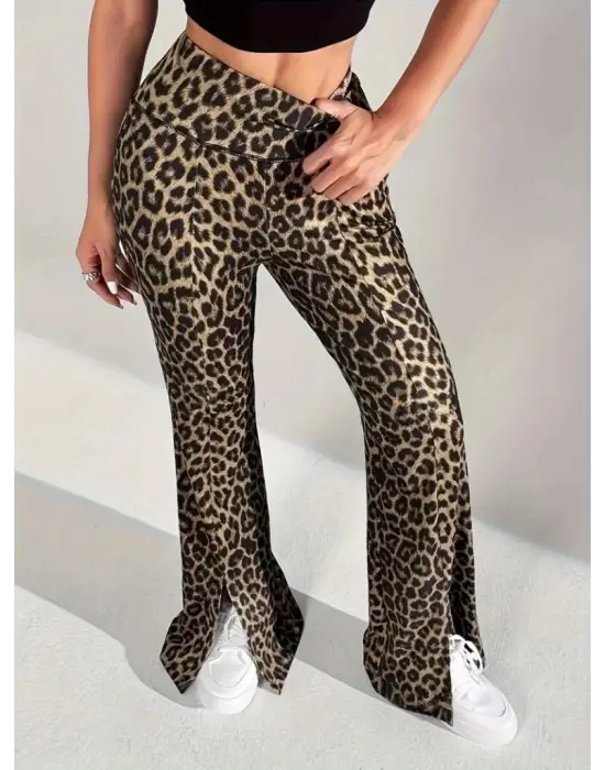 Kadın Yüksek Bel Leopar Desenli Yırtmaçlı Dalgıç Tayt