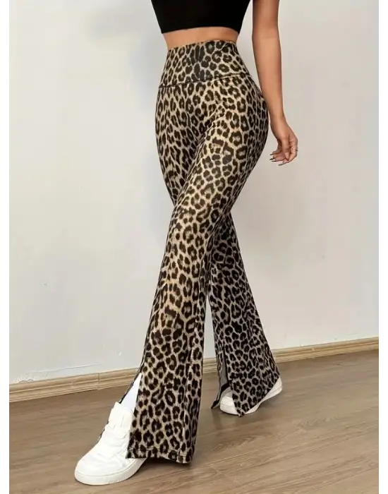 Kadın Yüksek Bel Leopar Desenli Yırtmaçlı Tayt Kadın Giyim