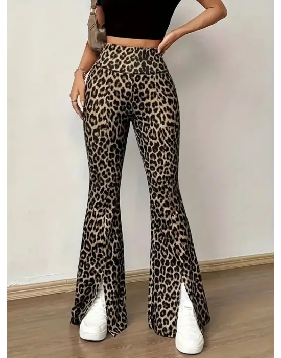 Kadın Yüksek Bel Leopar Desenli Yırtmaçlı Tayt Kadın Giyim