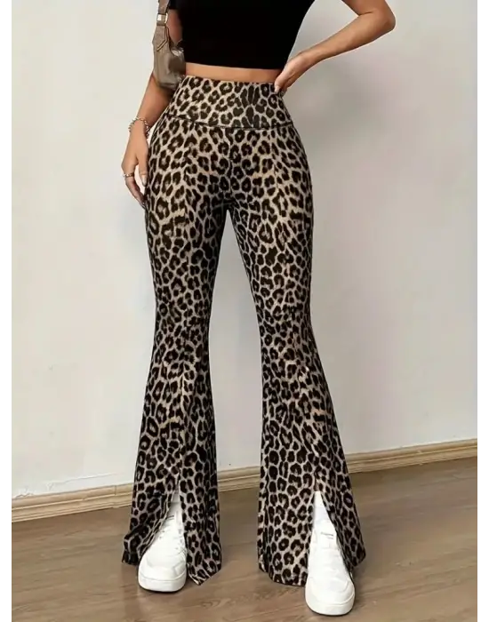 Kadın Yüksek Bel Leopar Desenli Yırtmaçlı Dalgıç Tayt