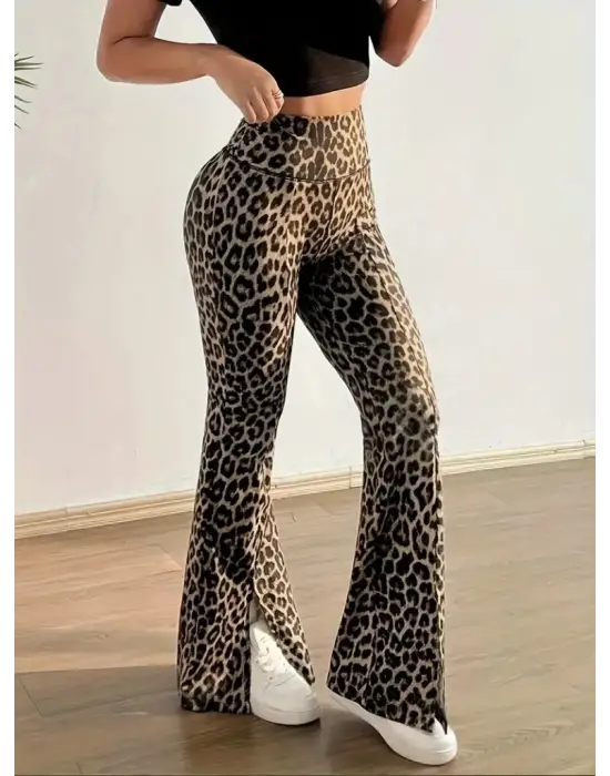 Kadın Yüksek Bel Leopar Desenli Yırtmaçlı Dalgıç Tayt