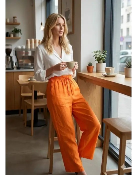 Kadın Yüksek Bel Modal Kumaş Beli Lastik Detay Pantolon