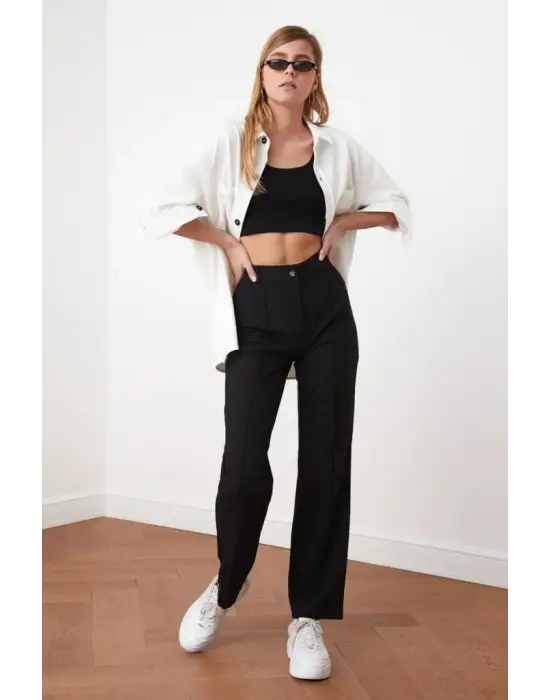 Kadın Yüksek Bel Nervurlu Ithal Krep Pantolon