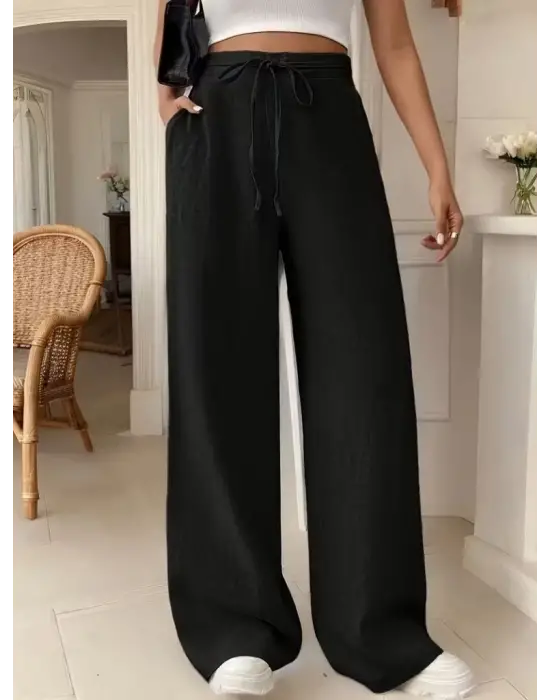 Kadın Yüksek Bel önden Bağlamalı Geniş Kesim Detaylı Uzun Pantolon