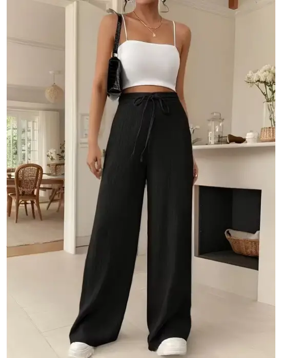 Kadın Yüksek Bel önden Bağlamalı Geniş Kesim Detaylı Uzun Pantolon