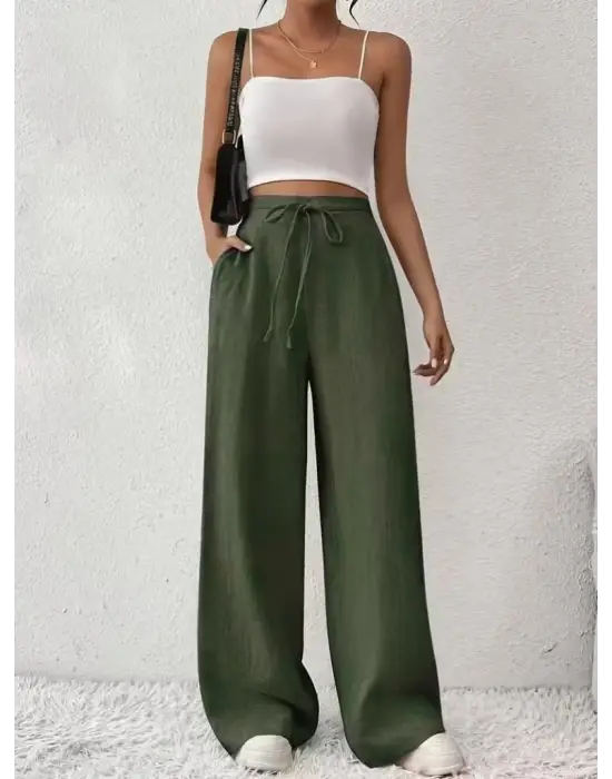 Kadın Yüksek Bel önden Bağlamalı Geniş Kesim Detaylı Uzun Pantolon