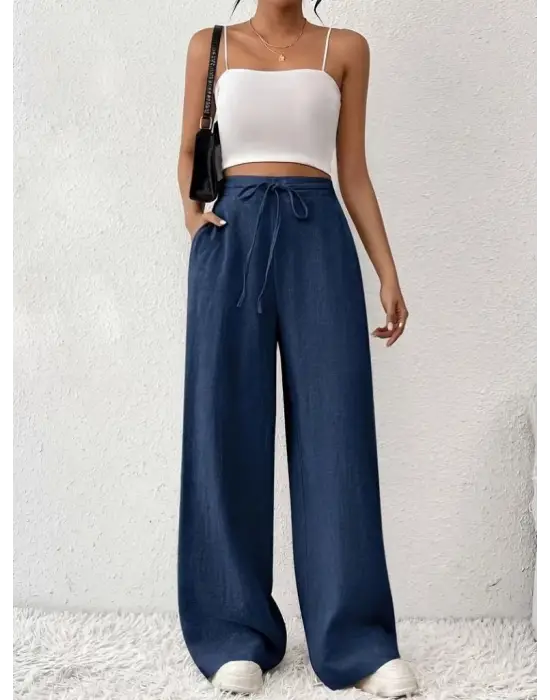 Kadın Yüksek Bel önden Bağlamalı Geniş Kesim Detaylı Uzun Pantolon