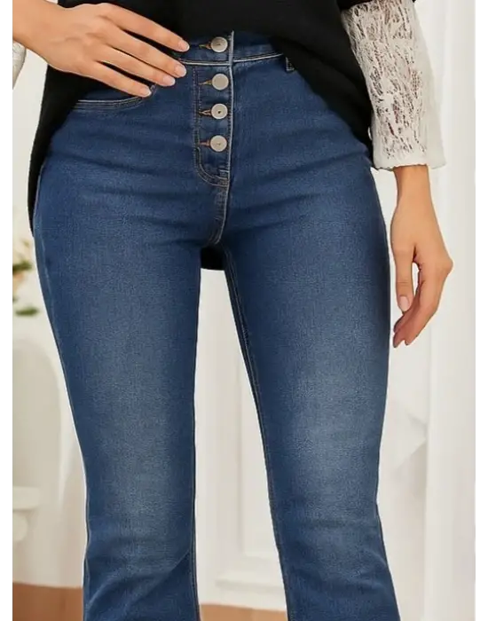 Kadın Yüksek Bel önden Düğmeli Cep Detay Ispanyol Paça Denim Pantolon