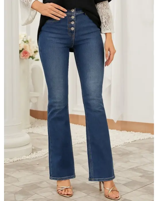 Kadın Yüksek Bel önden Düğmeli Cep Detay Ispanyol Paça Denim Pantolon
