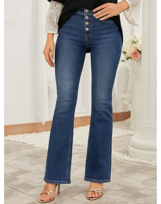 Kadın Yüksek Bel önden Düğmeli Cep Detay Ispanyol Paça Denim Pantolon