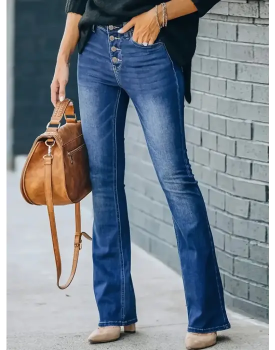 Omarı Yüksek Bel Ispanyol Paça Denim Pantolon