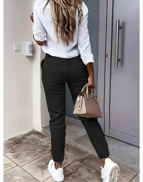 Kadın Yüksek Bel önden Düğmeli Cepli Bilek Lastik Detay Atlas Pantolon