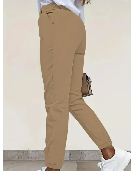 Kadın Yüksek Bel önden Düğmeli Cepli Bilek Lastik Detay Atlas Pantolon