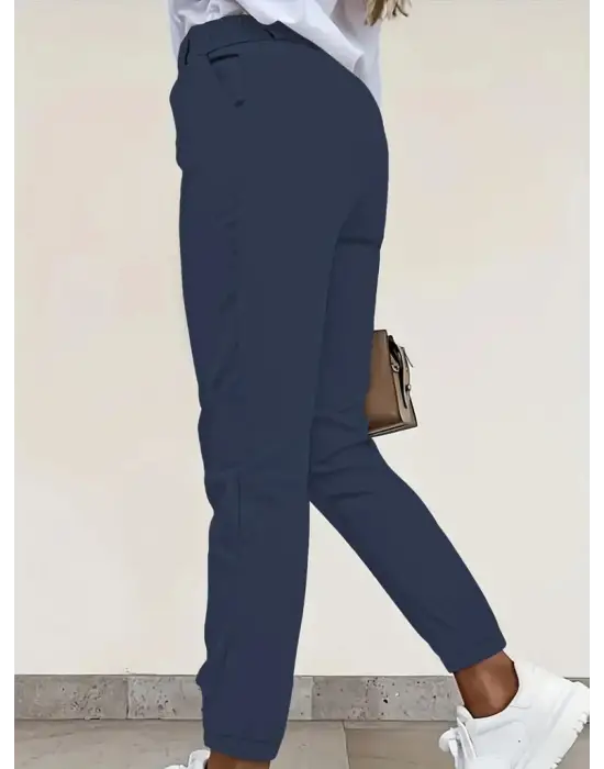 Kadın Yüksek Bel önden Düğmeli Cepli Bilek Lastik Detay Atlas Pantolon