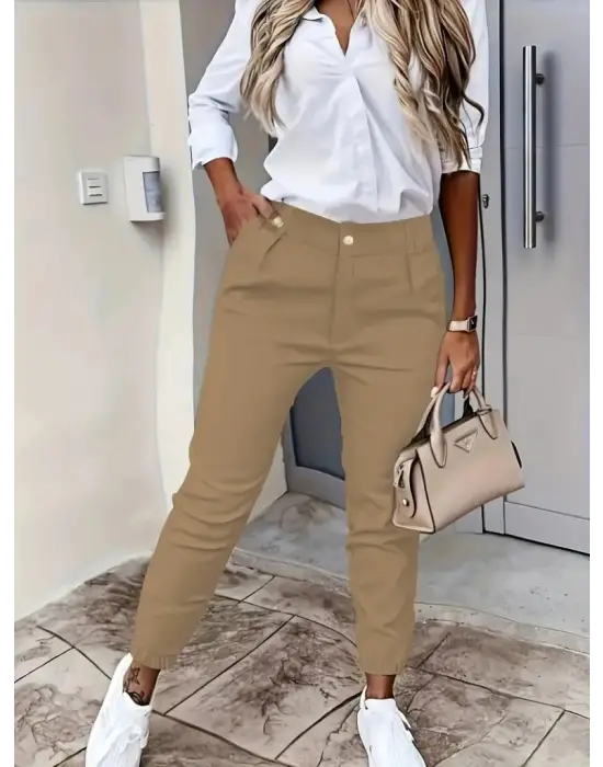 Kadın Yüksek Bel önden Düğmeli Cepli Bilek Lastik Detay Atlas Pantolon