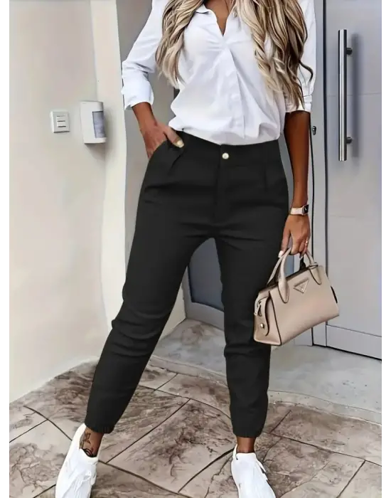 Kadın Yüksek Bel önden Düğmeli Cepli Bilek Lastik Detay Atlas Pantolon