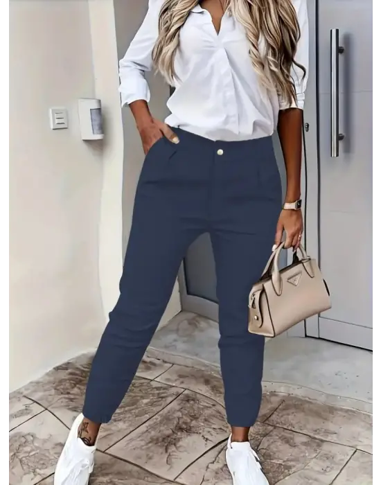 Kadın Yüksek Bel önden Düğmeli Cepli Bilek Lastik Detay Atlas Pantolon