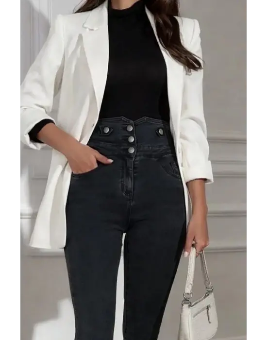 Kadın Yüksek Bel önden Düğmeli Cepli Dar Kesim Detaylı Kot Pantolon
