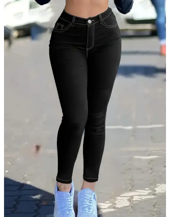 Kadın Yüksek Bel önden Düğmeli Dar Kesim Kot Pantolon