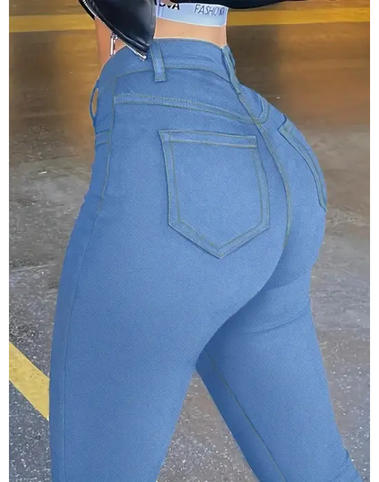 Kadın Yüksek Bel önden Düğmeli Dar Kesim Kot Pantolon