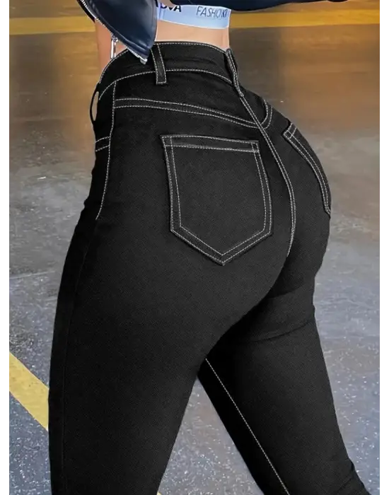 Kadın Yüksek Bel önden Düğmeli Dar Kesim Kot Pantolon