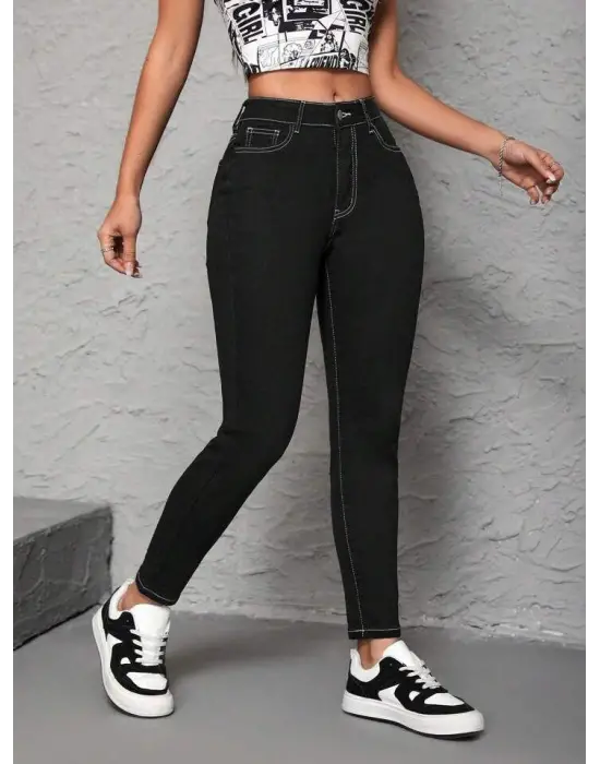 Kadın Yüksek Bel önden Düğmeli Dar Kesim Kot Pantolon