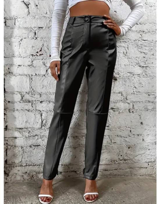 Kadın Yüksek Bel önden Düğmeli Deri Pantolon
