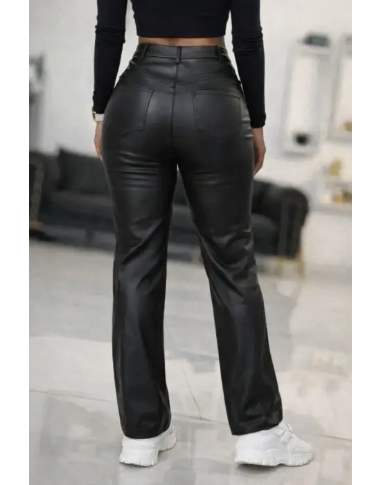 Kadın Yüksek Bel önden Düğmeli Deri Pantolon