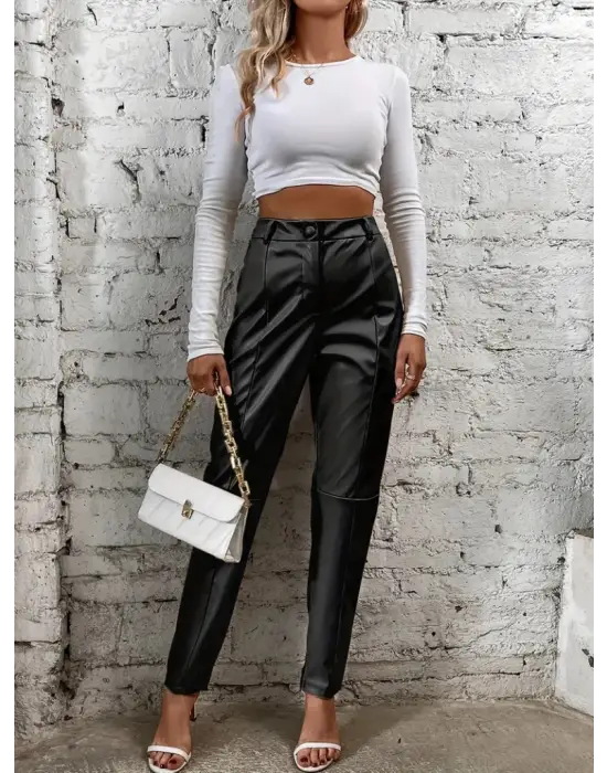 Kadın Yüksek Bel önden Düğmeli Deri Pantolon