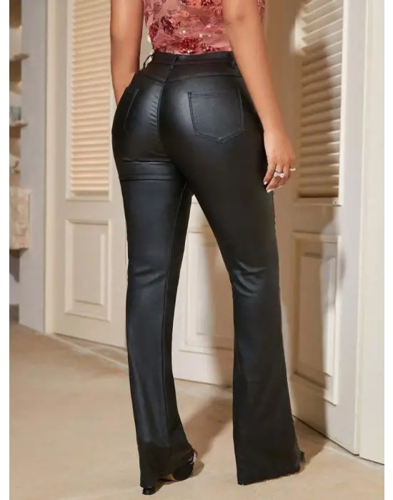 Kadın Yüksek Bel önden Düğmeli Deri Pantolon