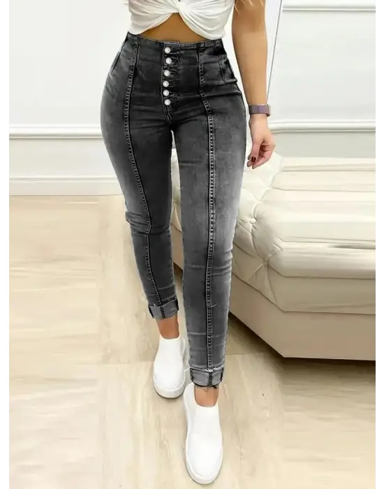 Kadın Yüksek Bel önden Düğmeli Jean Pantolon