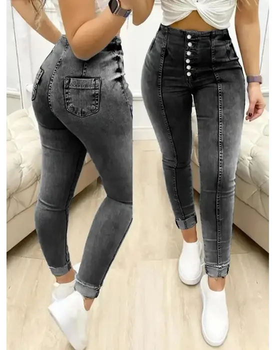 Kadın Yüksek Bel önden Düğmeli Jean Pantolon