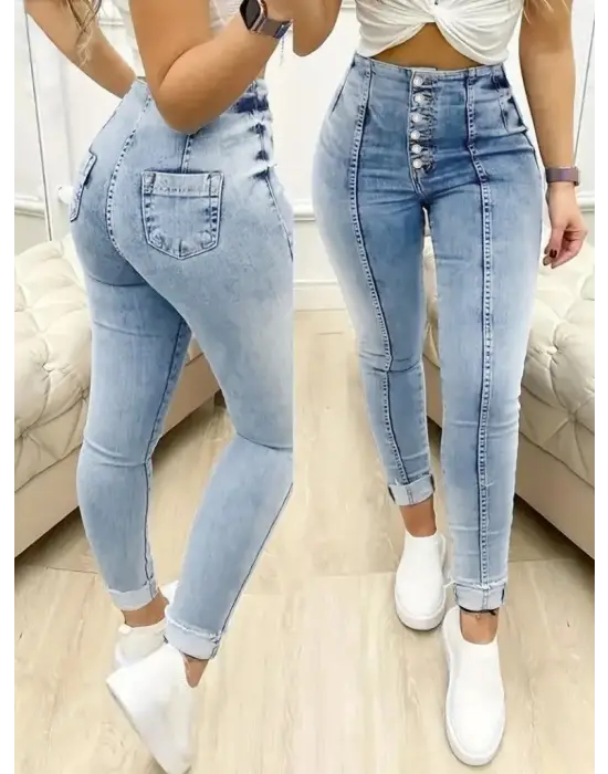 Kadın Yüksek Bel önden Düğmeli Jean Pantolon