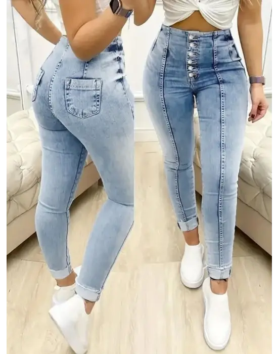 Omarı Yüksek Bel Düğmeli Kadın Jean Pantolon