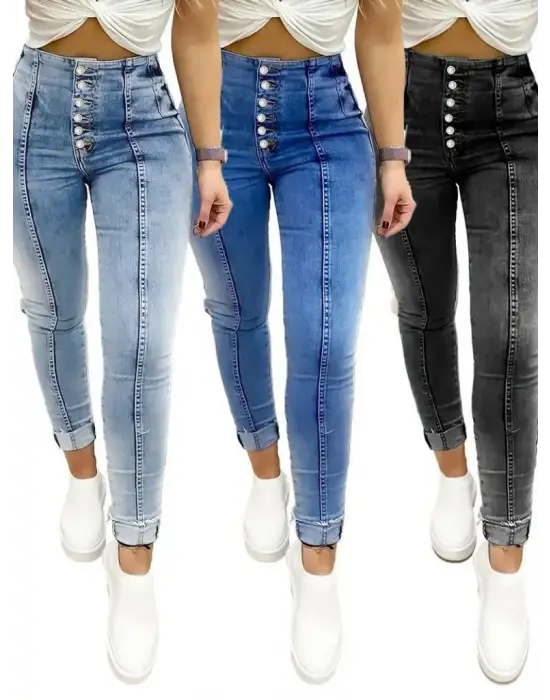 Omarı Yüksek Bel Önden Düğmeli Kadın Jean Pantolon