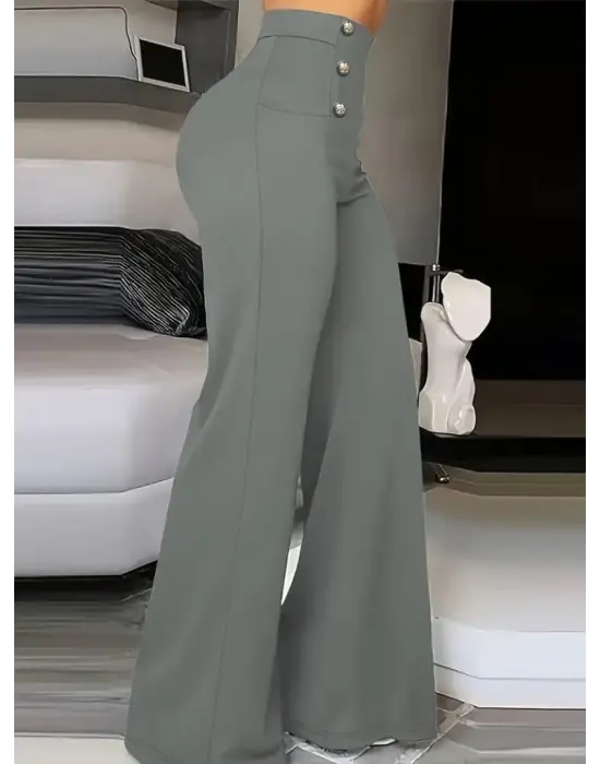Kadın Yüksek Bel önden Düğmeli Uzun Paçaya Doğru Geniş Ithal Krep Pantolon