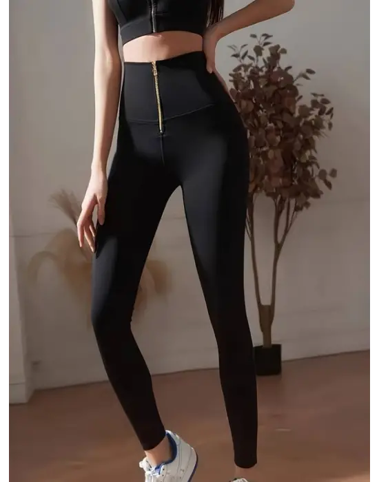 Kadın Yüksek Bel önden Fermuarlı Spor Dalgıç Tayt