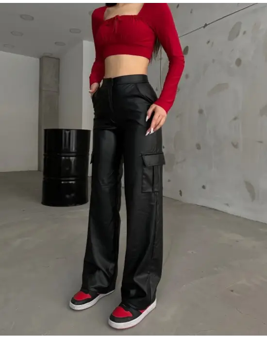 Kadın Yüksek Bel önden Fermuarlı Yandan Cep Detaylı Deri Kargo Pantolon